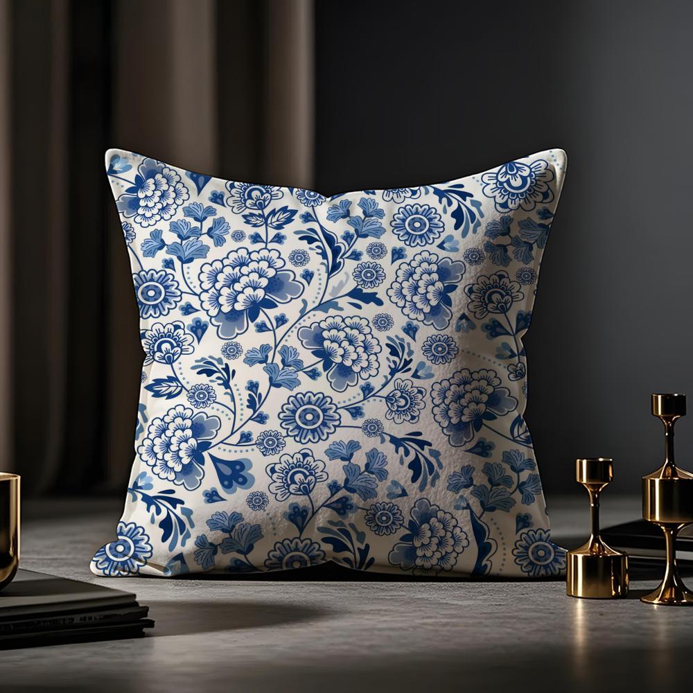 Oriental Blue And White Porcelain Cushion Cover Anti-dustmite Pillowcase Invisible Zipper Silky Short Plush Sofa Cushion Cover