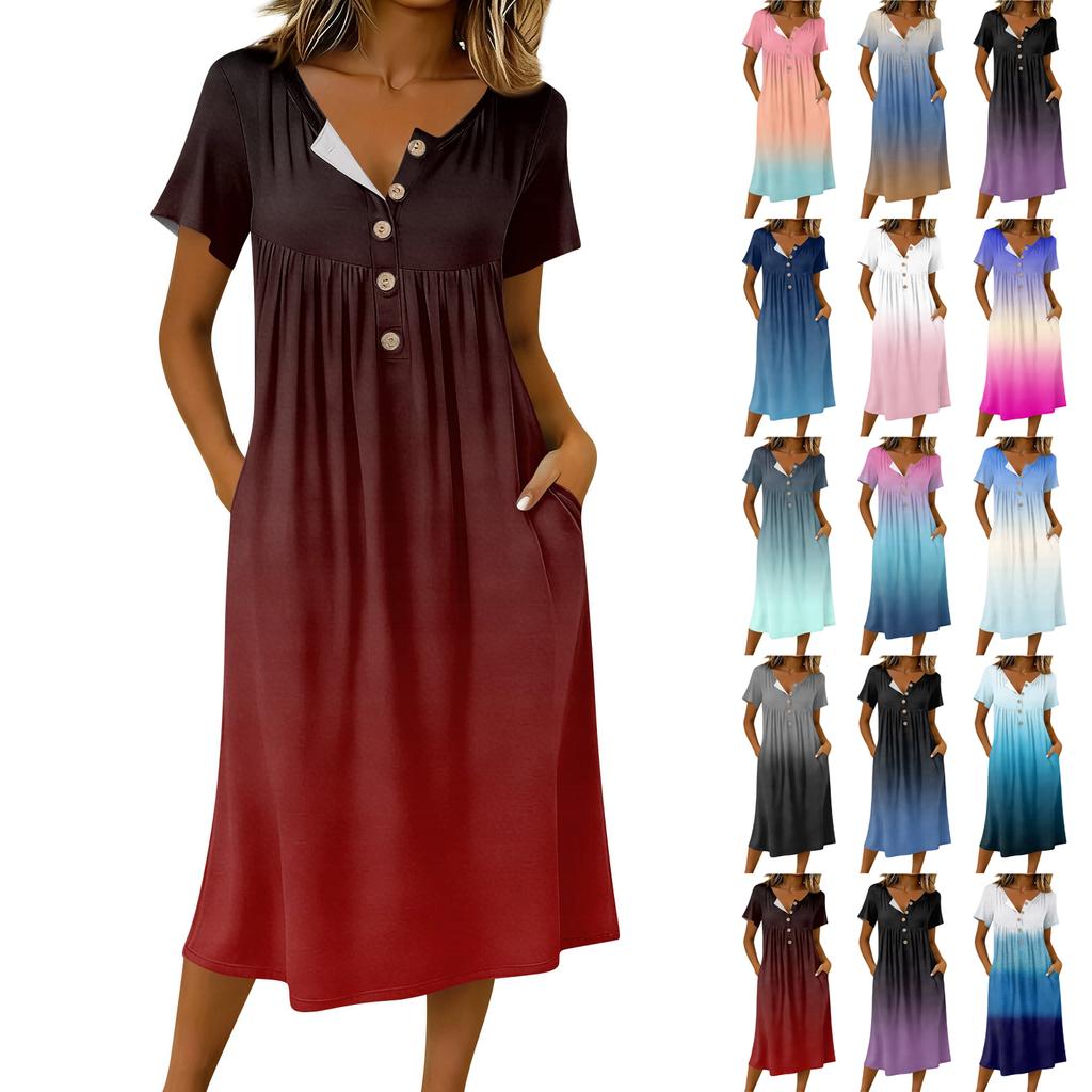 Women's Fashion Gradient Color Printed Round Neck Short Sleeve Button Neck Medium Length Casual Dress