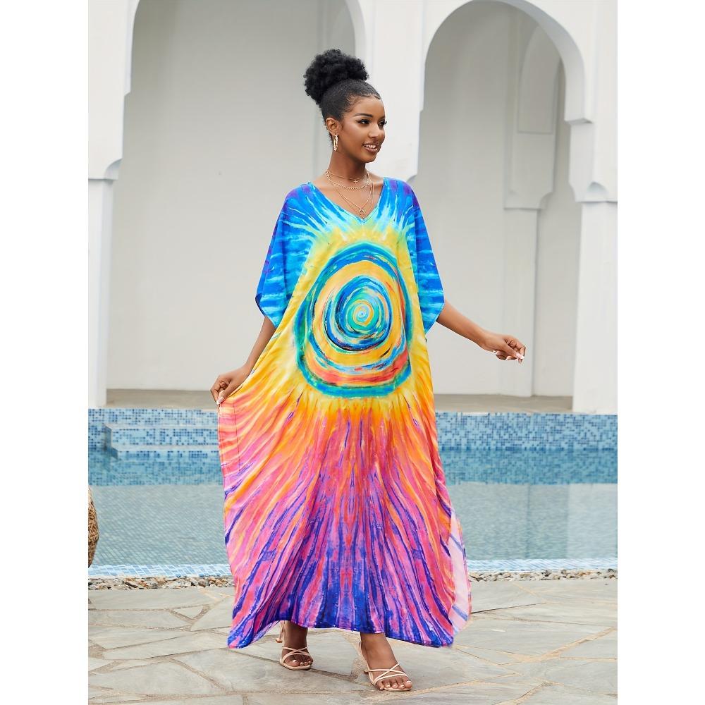 

Сукня з барвистим абстрактним принтом з розрізами збоку, пляжний кафтан у стилі бохо вільного крою з V-подібним вирізом, жіночі купальники та одяг One-size маджента