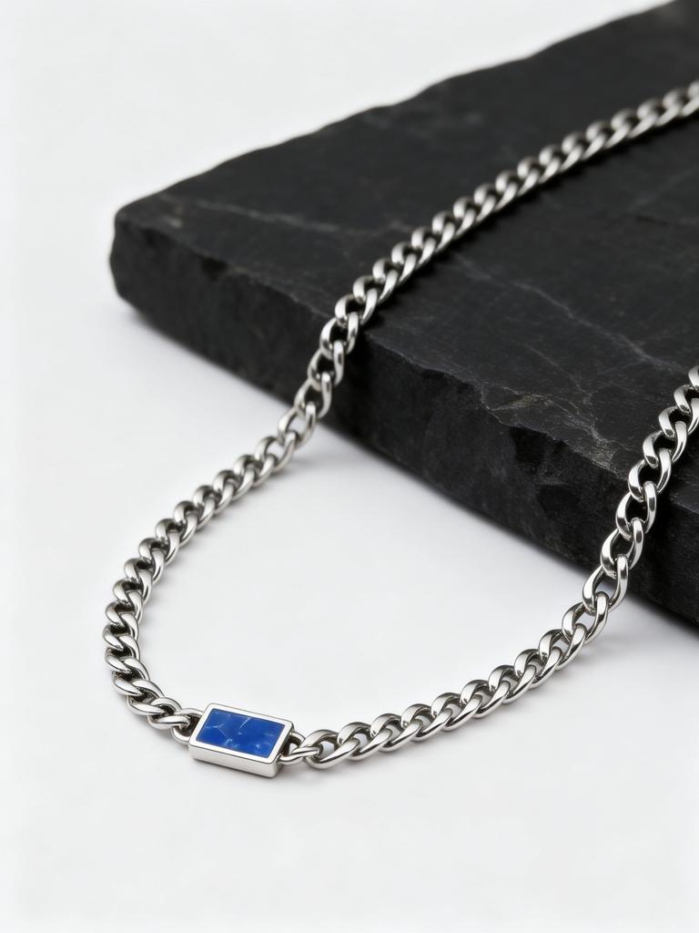 Men's Blue Natural Stone Chain Necklace,5mm Trendy Stainless Steel Cuban Link Choker,Hip-hop Punk Jewelry Gift