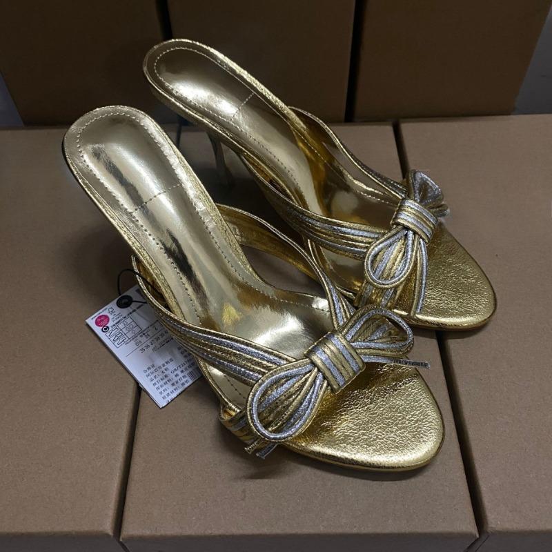 Soleist Golden High Heels Women Sandals Bow Knot Decoration Brand Designer Summer Mules Open Toe Elegant Stiletto Party Shoes for Female