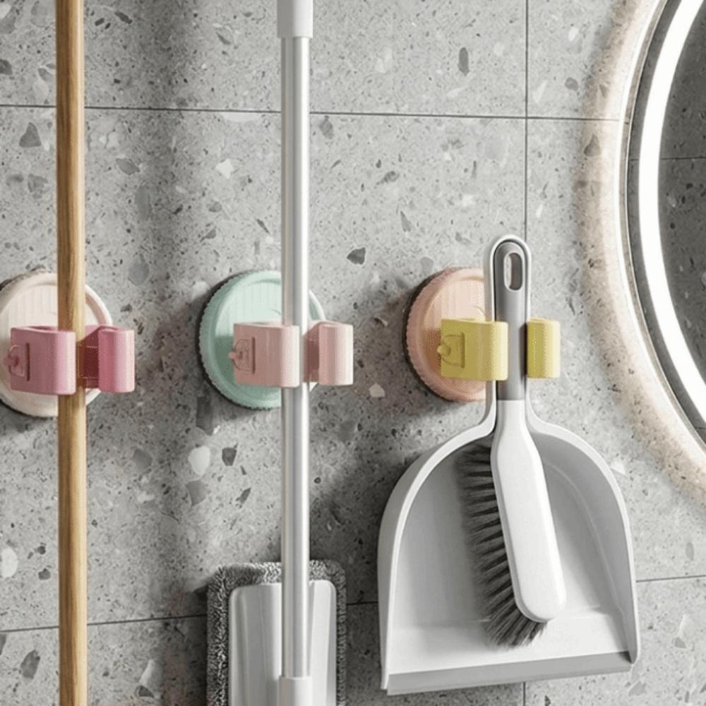 3PCS Multi-functional Plastic Suction Cup Mop Holder Wall Mounted Waterproof Mop Clip Space Saving Mop Storage Rack Bathroom