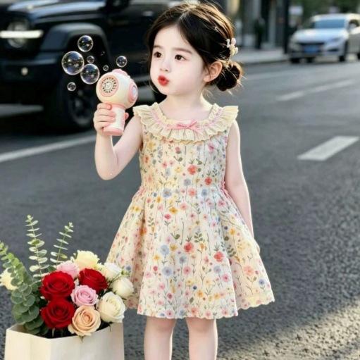Girls Summer Sweet Sleeveless Floral Cotton Dress for Beach