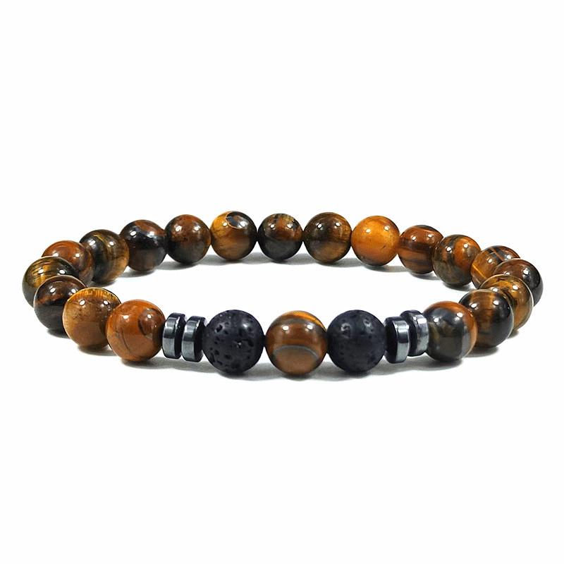 Unisex Tiger Eye & Volcanic Stone Elastic Bracelet - Natural Stone Jewelry for Couples