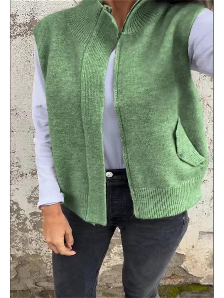 European and American Women's Autumn/Winter Stand Collar Zipper Sweater Vest - Loose Knit Casual Cardigan
