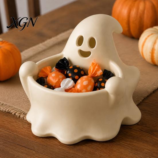 White Trinket Tray 3D Printed Halloween Ghost Bowl, Trick or Treat Snack Candy Storage Bowl Serving Decorative Dish, Party Supplies Nut
