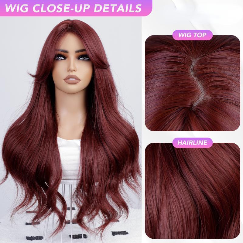 Rose Red Curly Wave Wigs Separate Bangs 26 Inch  Fiber Synthetic Heat-resistant Deep Wave Hair Natural Party or Selfie Korean Fashion