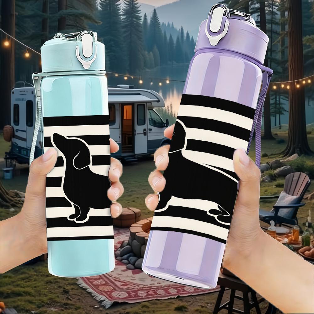 1PC Striped Dachshund Silhouette 750ml Color Plastic Sports Water Bottle Leakproof Flip Straw Lid For Sports Office Home Use