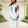 Women Plus Size Round Neck Short Sleeve Abstract Printed Loose White Long Dress With Side Pockets