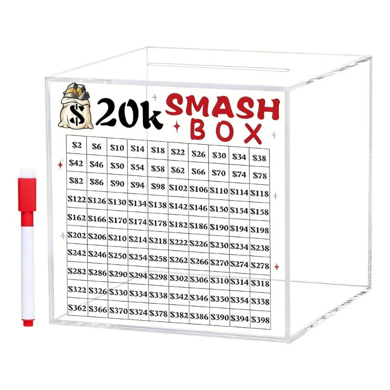 10K/20K Smash Box Money Saving Challenge,Clear Acrylic Piggy Banks Break To Open Cash Vaults,Cash and Coin Collection Box