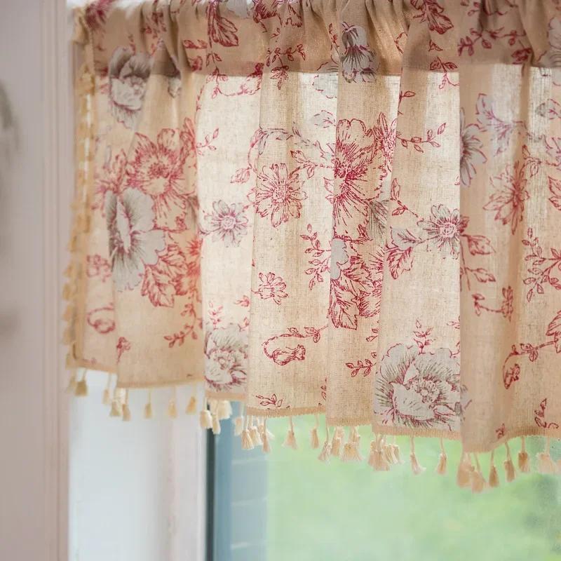 American European Vintage peony floral curtains For living room bedroom window linen curtain short Cabinet Curtain for Kitchen