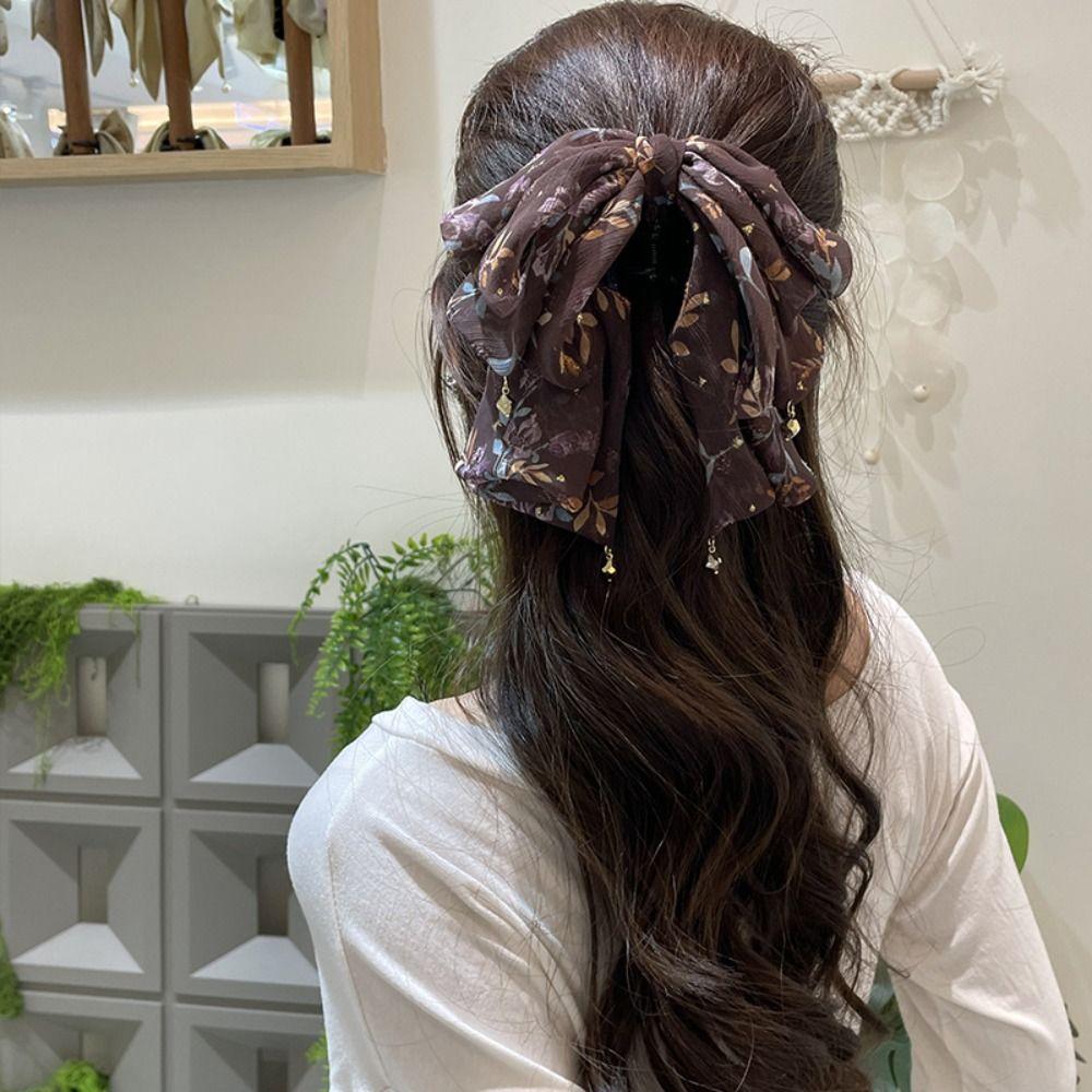 French Style Chiffon Hair Claw Large Women Hair Grab Clip Crystal Bow Shark Clip Daily