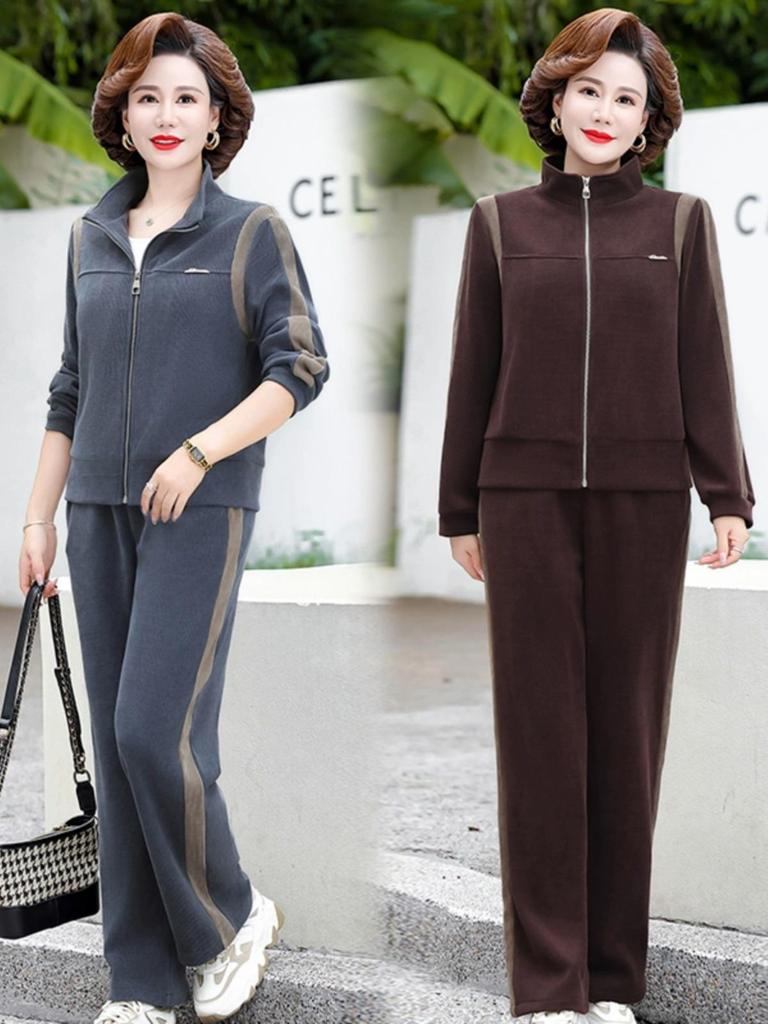 Mom's Autumn Fleece-Lined Sportswear Set for Middle-Aged & Elderly Women