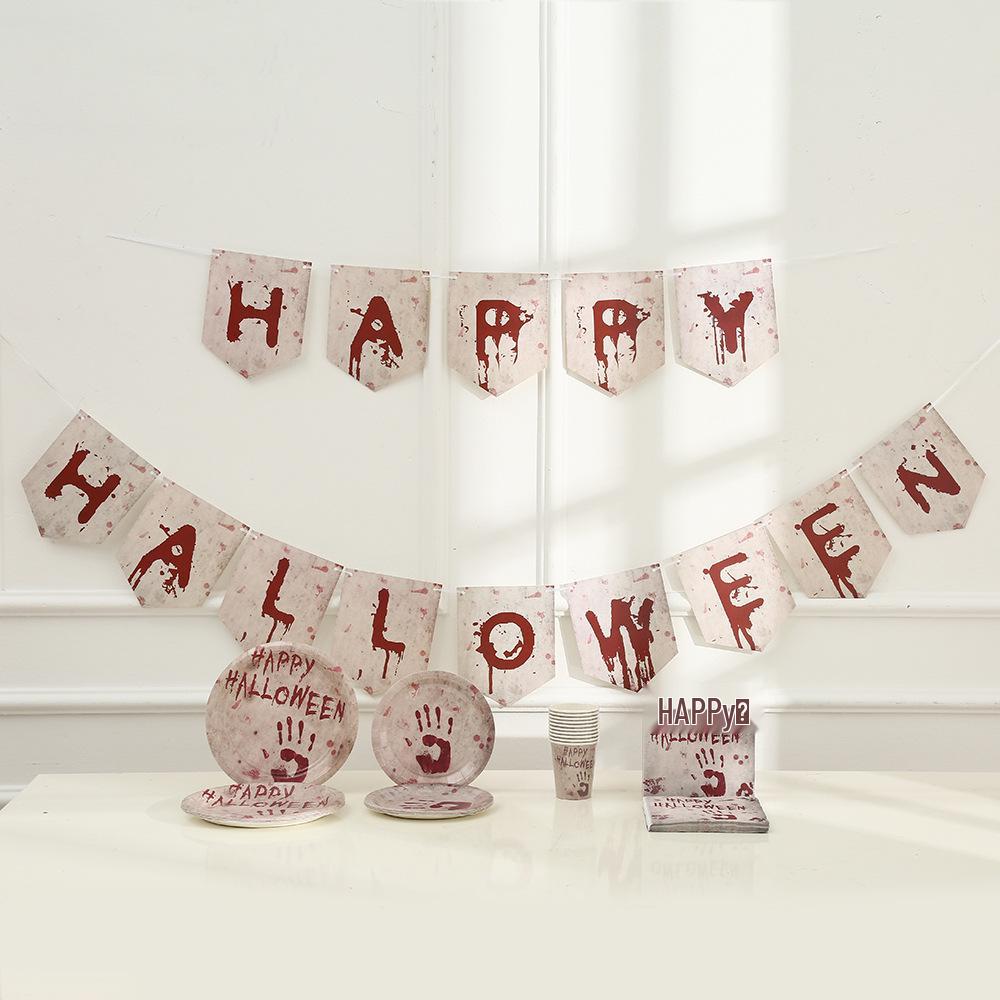 Creative Bloody Handprint Halloween Party Tableware Set: Disposable Horror-Themed Cups and Plates, In Stock.