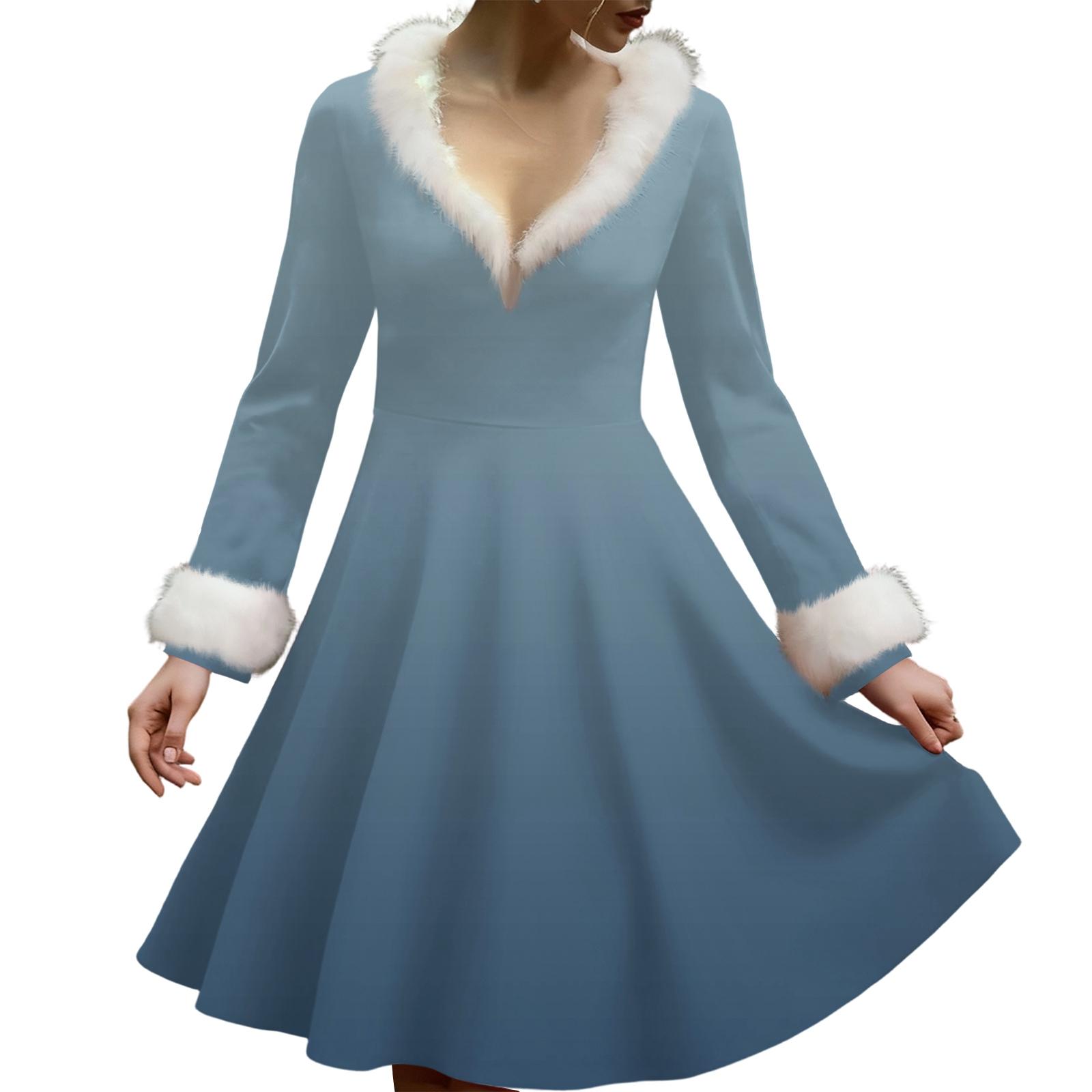 

Женское повседневное платье с V-образным вырезом, рождественским принтом, плюшевыми длинными рукавами M