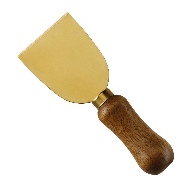 Stainless Steel Gold Cheese Knife with Acacia Wood Handle, Fork, and Spatula Utensils Set
