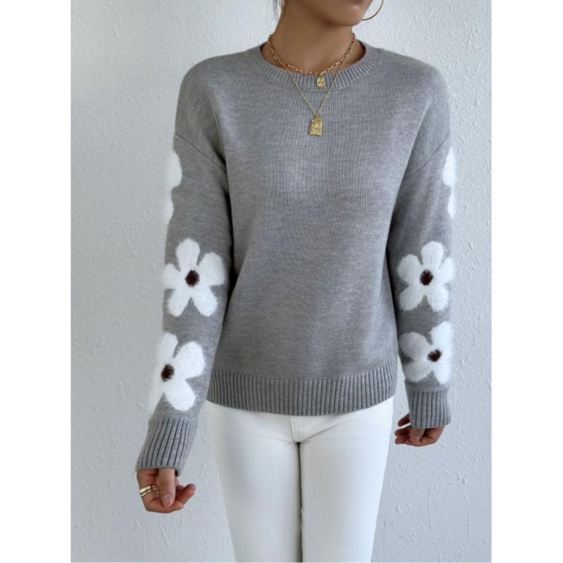 Women Autumn Winter Elegant Temperament Knitted Sweater Flower Jacquard Pullovers Tops