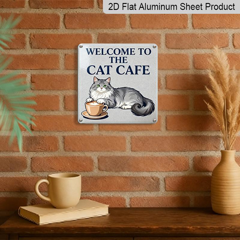 2D Flat, 1pc Vintage Cat Cafe Metal Sign - Welcome To Cat Cafe with Paw Print & Kitten Design - Rustic Wall Art for Outdoor, Pet-Friendly Decoration