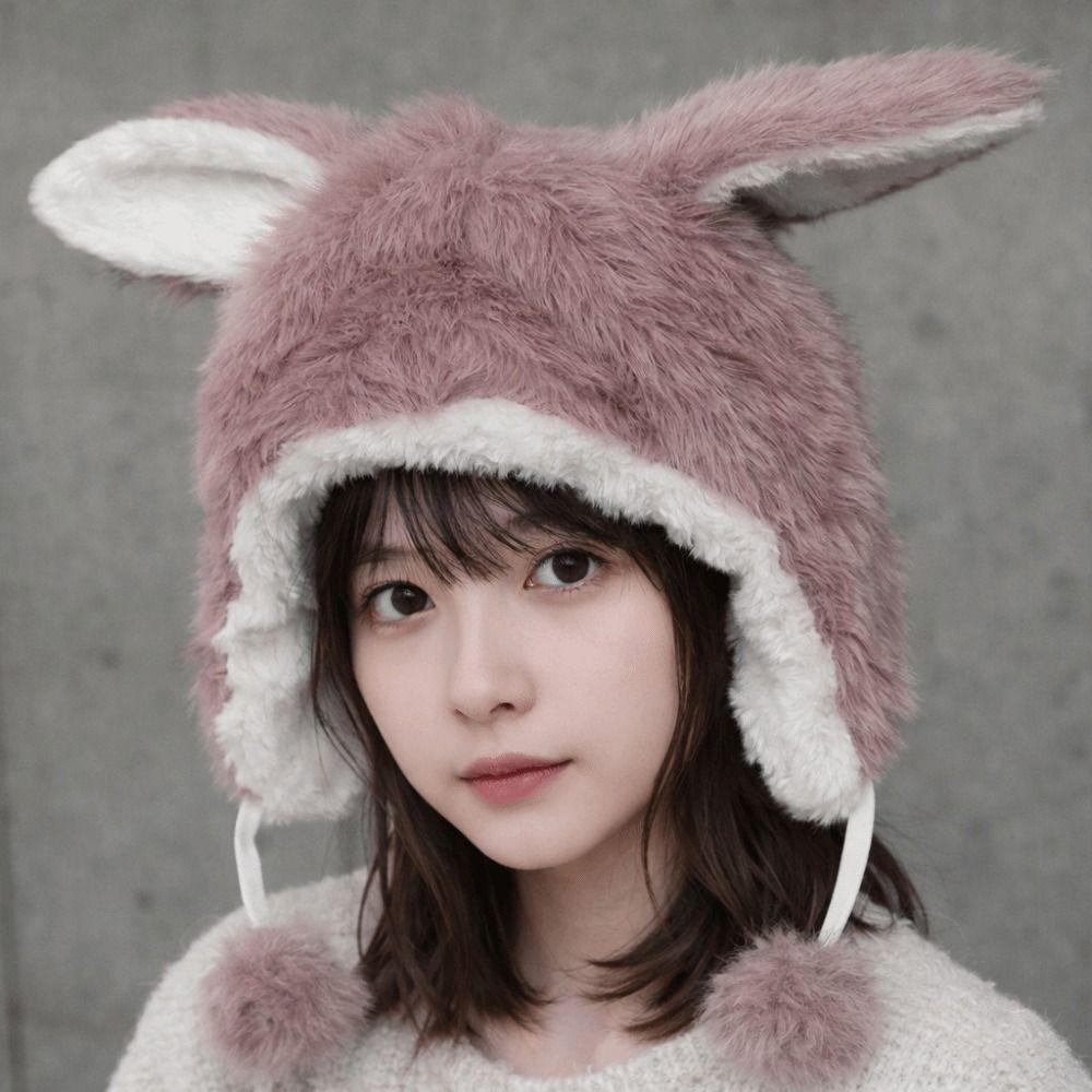 Fluffy Cute Rabbit Ear Hat Windproof Ear Protection Hat Winter Faux Fur Bucket Hat Girls