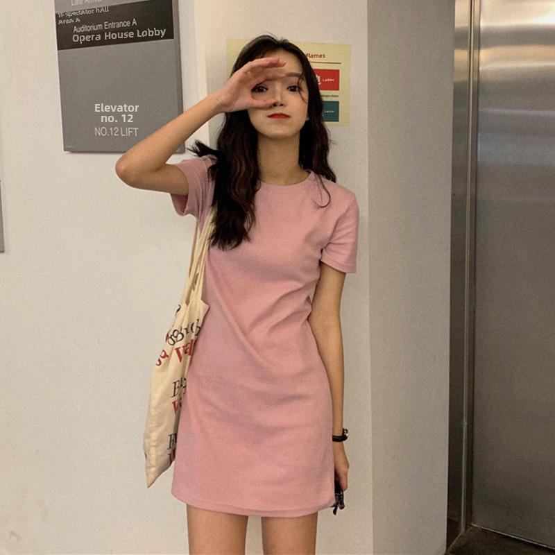 2024 Summer Korean Slim Solid Color Short-Sleeve Women's Midi Dress
