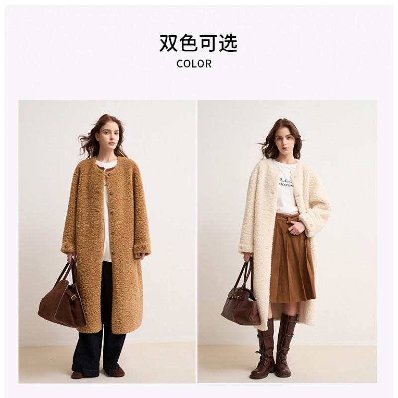 Womens Winter Faux Fur Coat Loose Fit Round Neck Mid-Length Solid Color Fleece Outerwear