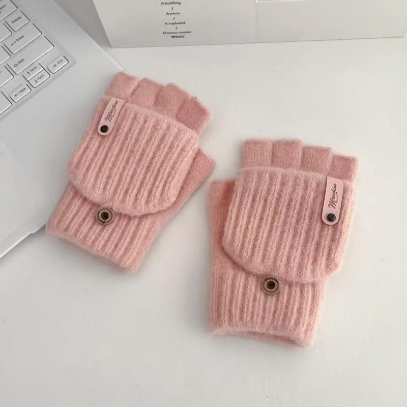 Women's Autumn/Winter Half-Finger Plush Flip Gloves: Warm Knitted, Cold-Proof, Cycling, Touchscreen Compatible