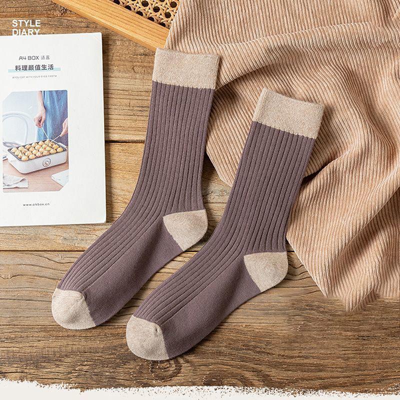 Spring And Autumn Pure Color All-Match Pile Socks Mid-Tube Socks Contrasting
