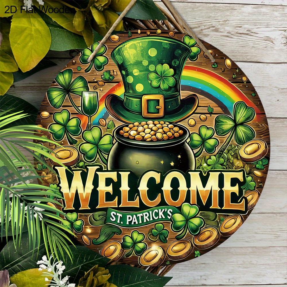 St. Patrick's Day Pot of Gold Welcome Wooden Sign, Round Front Door Decor, Lucky Clover & Rainbow Wall Hanging - Ideal for St. Paddy's Day