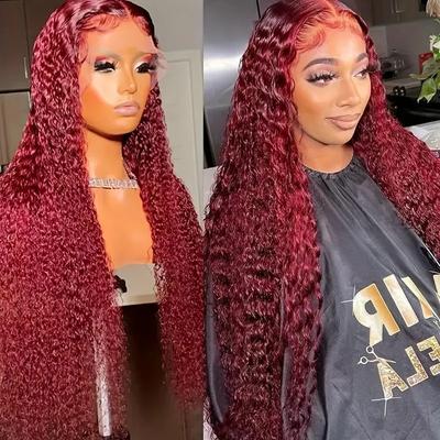 Fashionable Wine Red Small Curly Wig with Front Lace Small Curling Tube Long Curly Hair Full Headgear Wig