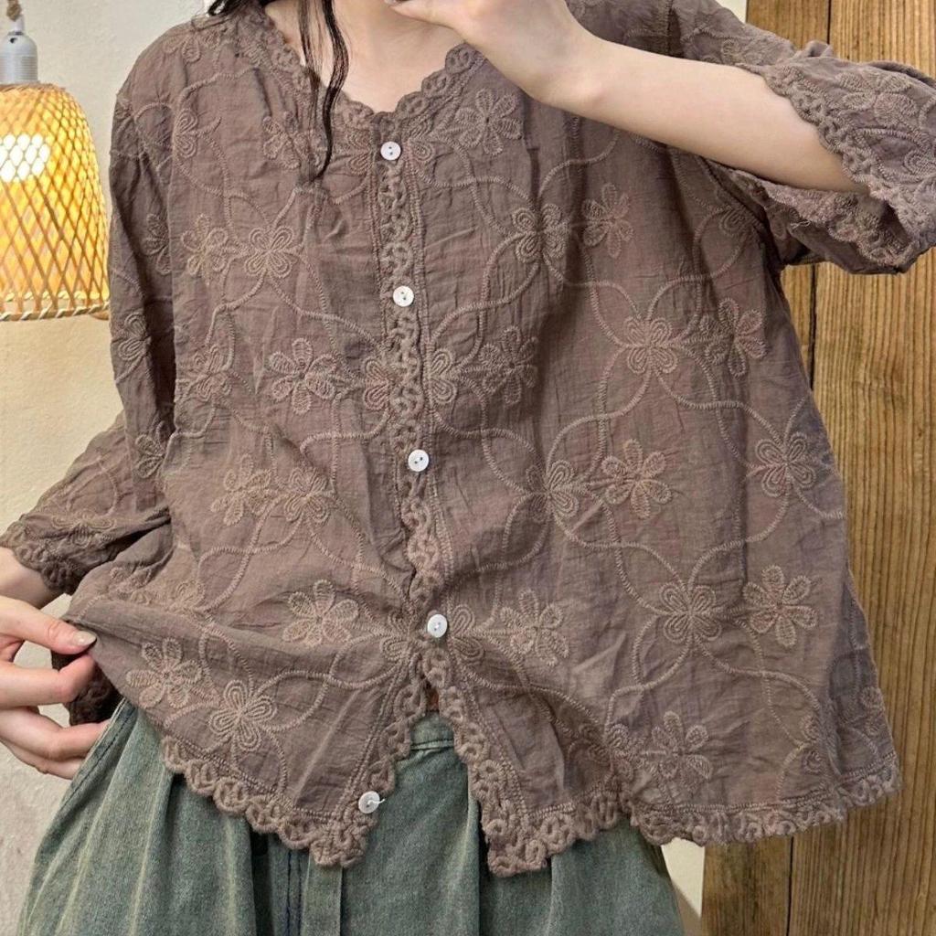 Summer Mori Girl Cotton Blouse with Floral Embroidery and V-Neck
