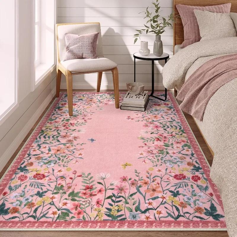 Rug for Bedroom Floral Print Area Living Room Carpet Non-Slip Machine Washable Floor Mat Soft Bedside Rugs