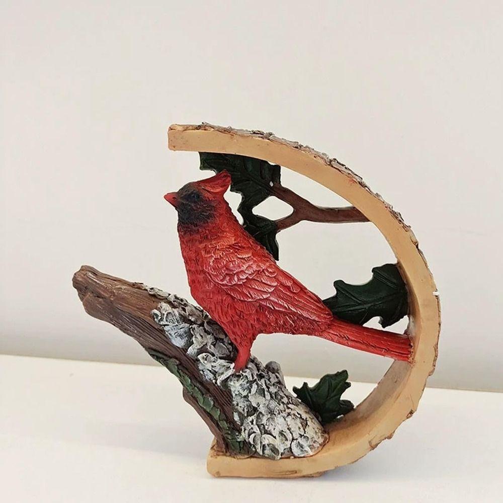 Creative Resin Linnet Figurines Handmade Semicircle Vibrant Red Bird Durable Engraving Red Bird Statue for Home