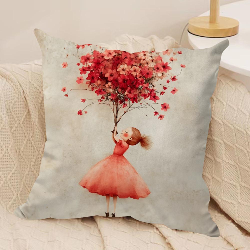 The girl is holding flowers Cushion Cover Soft Plush DoubleSided Printed Sofa Pillow Cushion Cover  Cozy AllSeason Decor Gift