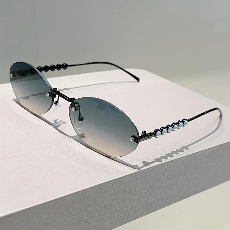 Rimless Oval Sunglasses with Pearls Women Stylish Vintage Decor Shades New Trendy Luxury Brand Design Casual Sun Glasses