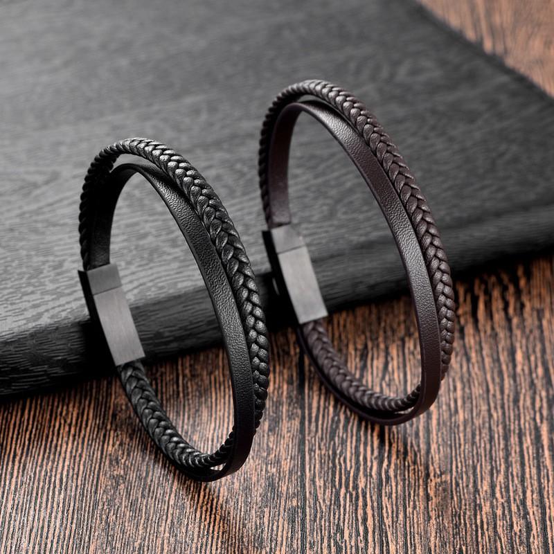 Minimalist Leather Cord Bracelet Men Stainless Steel Geometric Bangle Couple Jewelry Gift