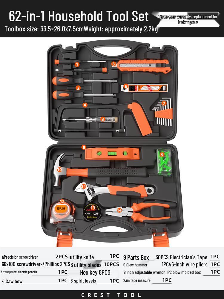 Household Repair Tool Set - Includes Pliers, Hammer, Wrench, and Combination Box