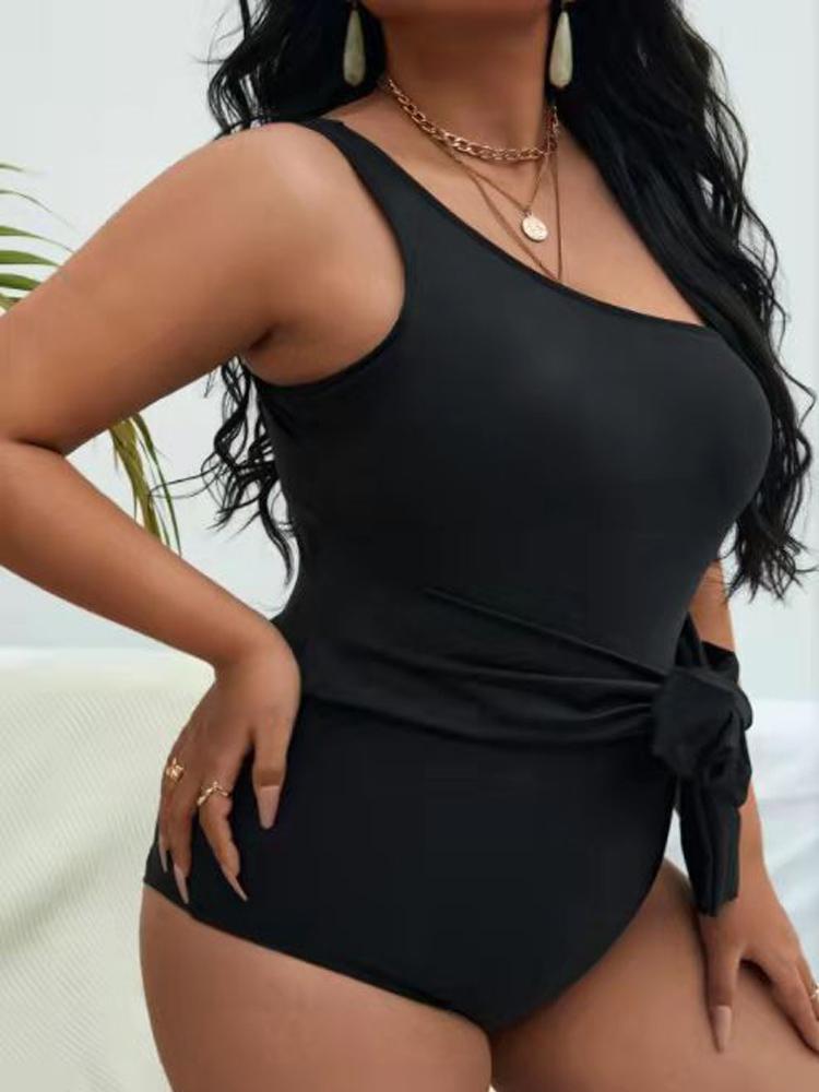 Übergröße Einteiliger Badeanzug für Damen Ein Schulterfrei Sexy Bikinis Schwarz Gürtelhochtailliert Einteilige Bademode