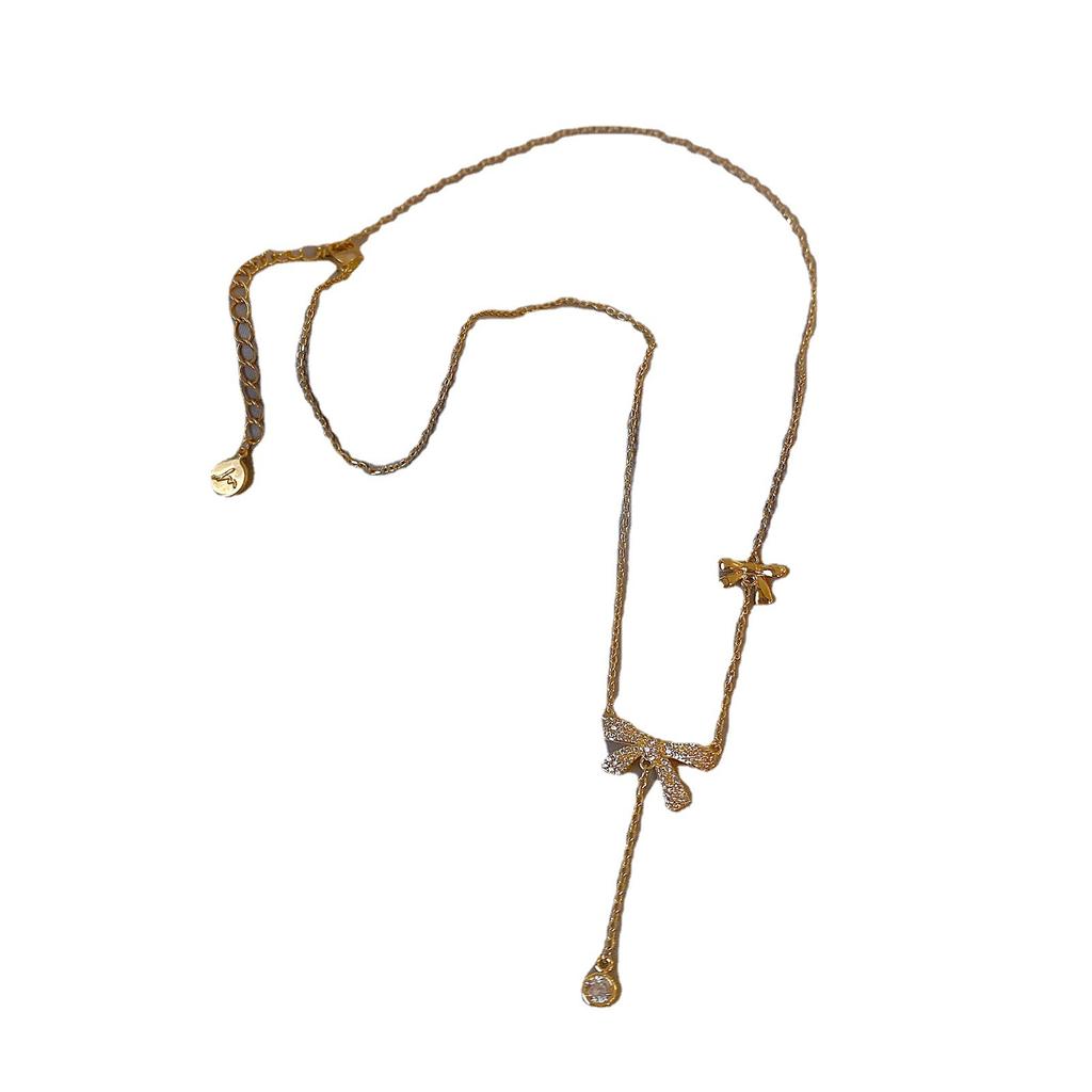 Early Spring Micro-Inlaid Bow Necklace Women'S Fashion Design Sense Collarbone Chain Pendant Neck Chain Accessories