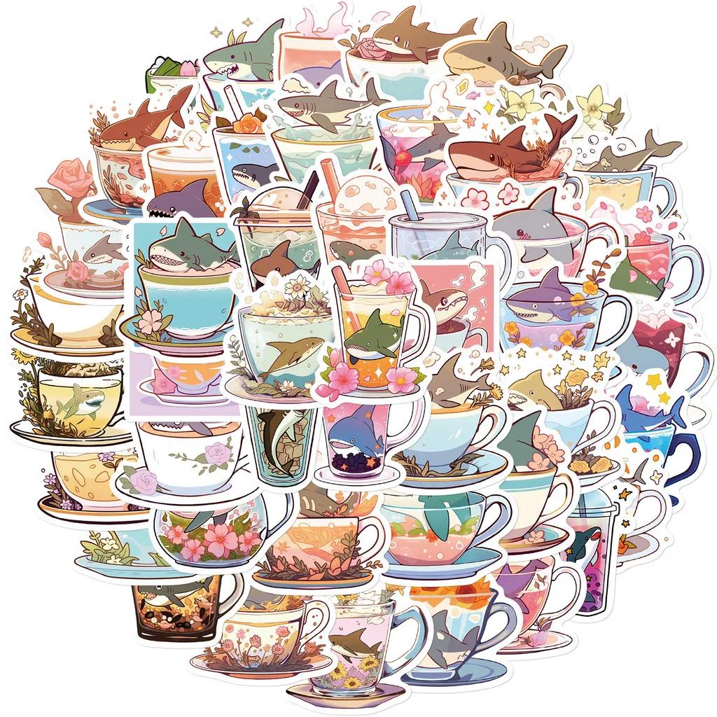 50-Piece Set No Duplicates: Cute Cartoon Shark Cup-Inspired Stickers - DIY Waterproof Decor for Notebooks, Phone Cases