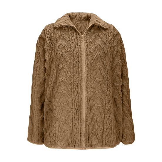 

Зимняя флисовая куртка для женщин со стойкой воротником на молнии пальто шерпа пушистое S хаки