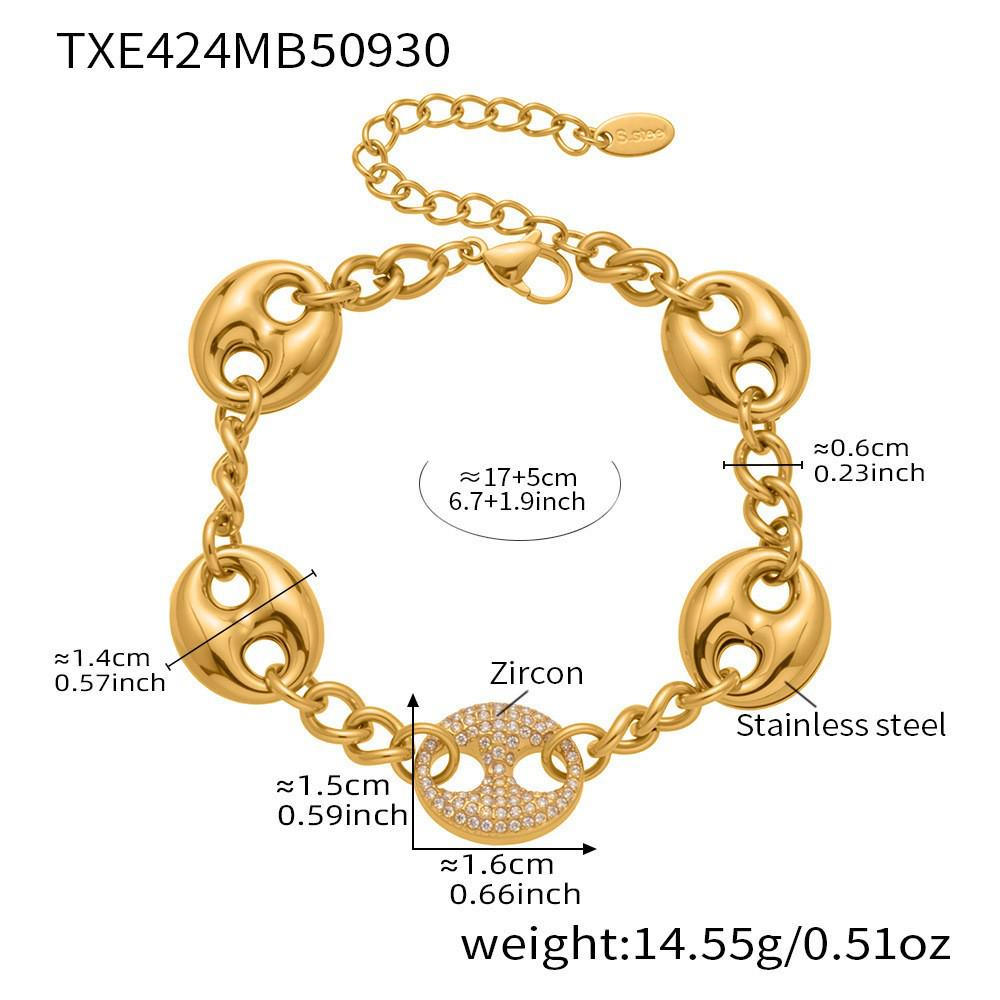 18K Gold Plated Pig Nose Buckle Necklace with Zirconia Pendant & Bracelet Set