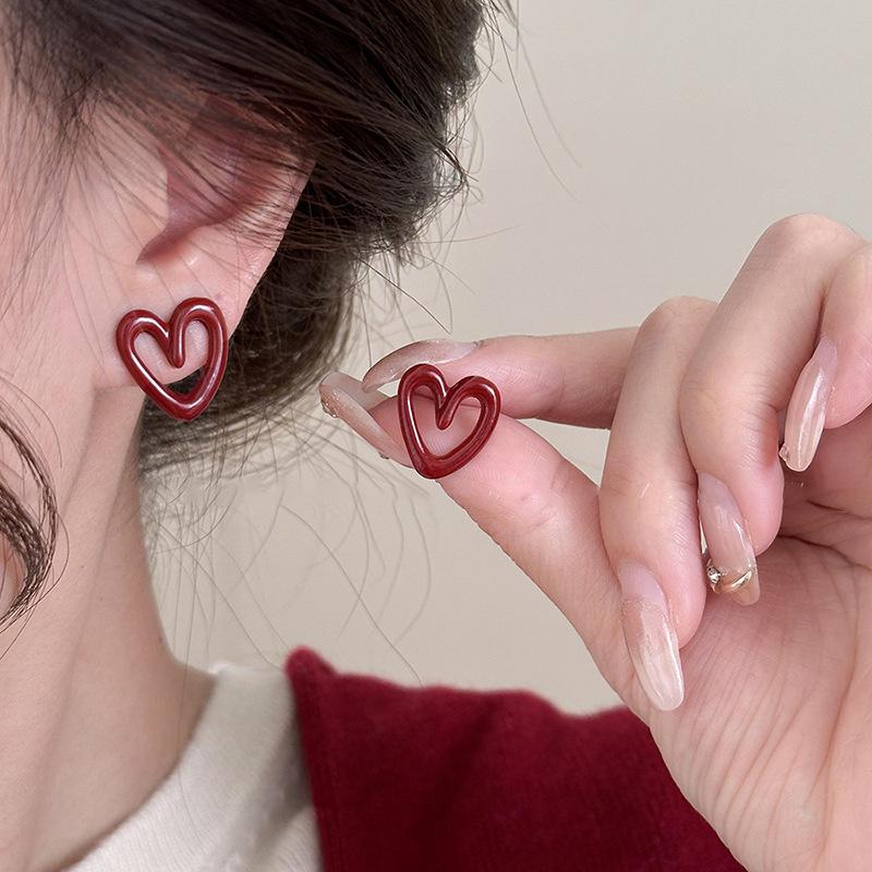 Ancola Silver Needle Red Heart Earrings – Fashionable, Luxurious & Elegant for Autumn/Winter 2025