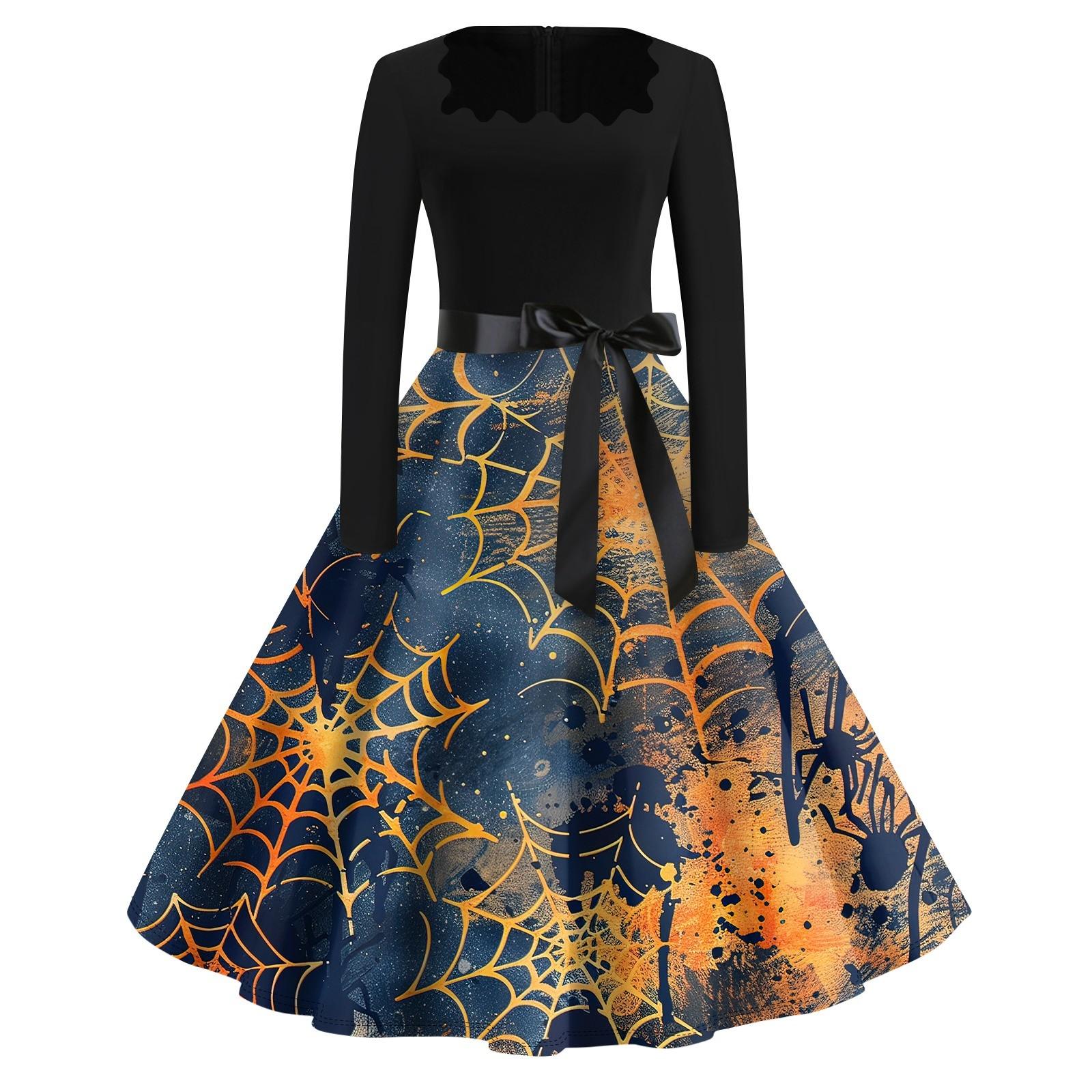 

Платье с расклешенным принтом на Хэллоуин для женщин, платье с длинным рукавом, полые вечерние повседневные платья S