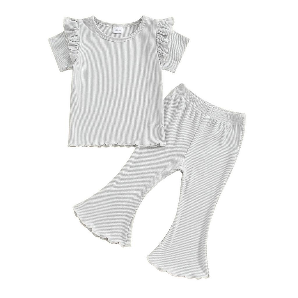 Kleinkind Mädchen Frühling Outfits Fly Ärmel Einfarbig Rippe T-Shirts Tops Elastische Taille Flare Hosen 2Pcs Kleidung Set