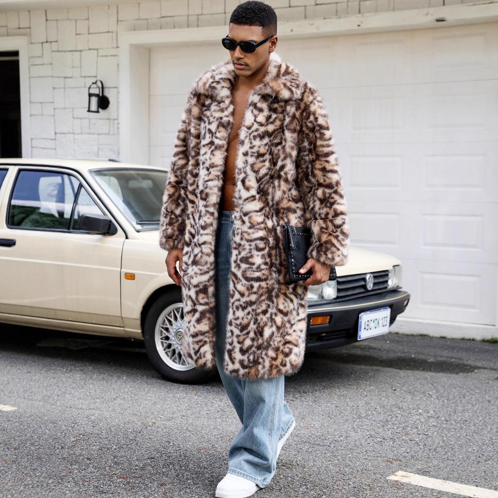 Men's Faux Fur Coat Winter Long Faux Mink Jacket Coat Fluffy Thick Trench Fake Fur Jacket for Men Windproof Long Sleeve Outerwear Warm Parka Overcoat