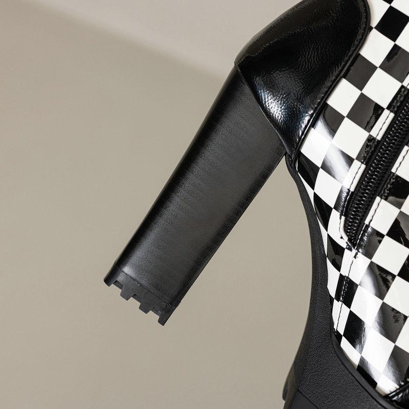 Black White Plaid Ankle Boots Women's with Fur Winter Platform Shoes Mixed Colours Chunky Heels Footwear