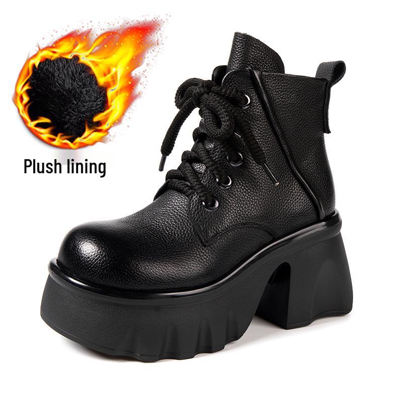 

Women s Genuine Leather Martin Boots - Thick Sole, High Heel, Petite Height Boost, Versatile British Style for Autumn/Winter. 39