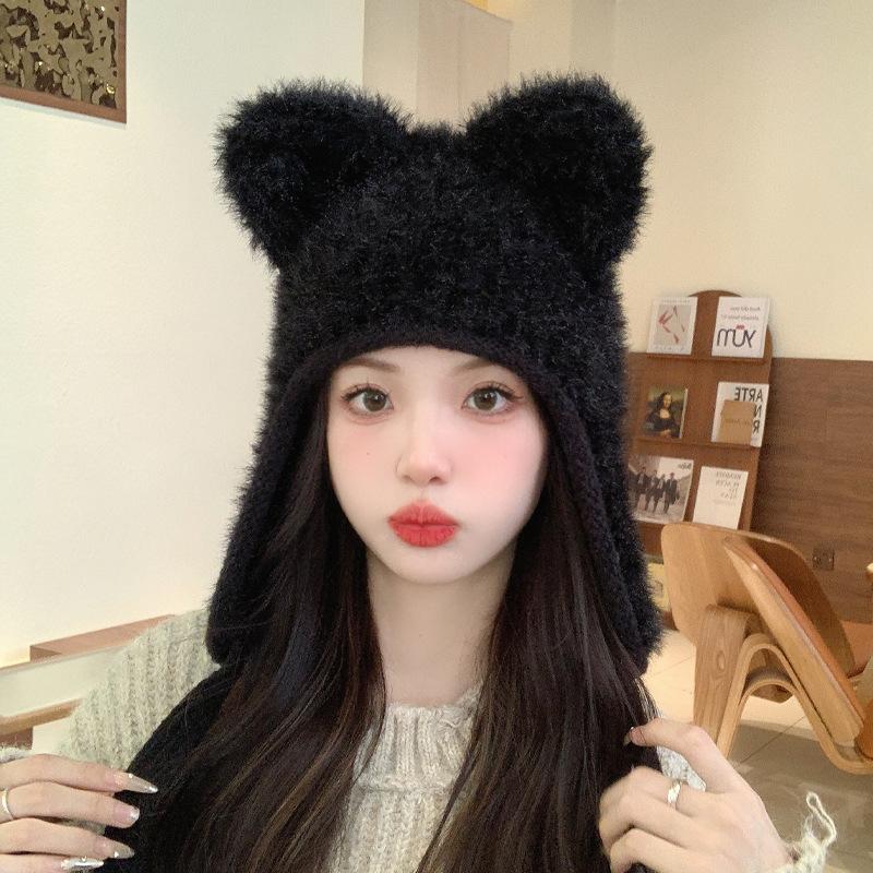 Bear knitted hat children's winter plush warm ear protector wool hat sweet versatile face small pullover hat