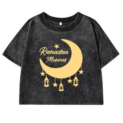 Mondlampe Kunstbedruckte Damen Washed T-Shirts Fitness Crop Top Sommer Retro T-Shirt Slim Lässig Damenbekleidung