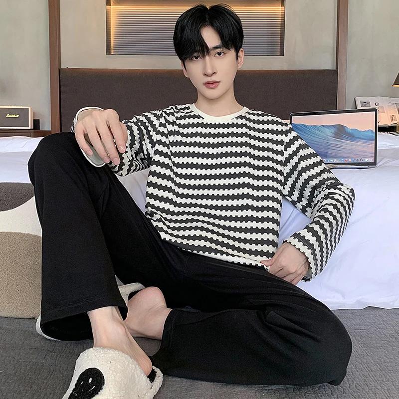 Men Pajamas Set Spring Cotton Casual Sleepwear Minimalist Style Long Leisure Homewear Fashion Boys Nightwear